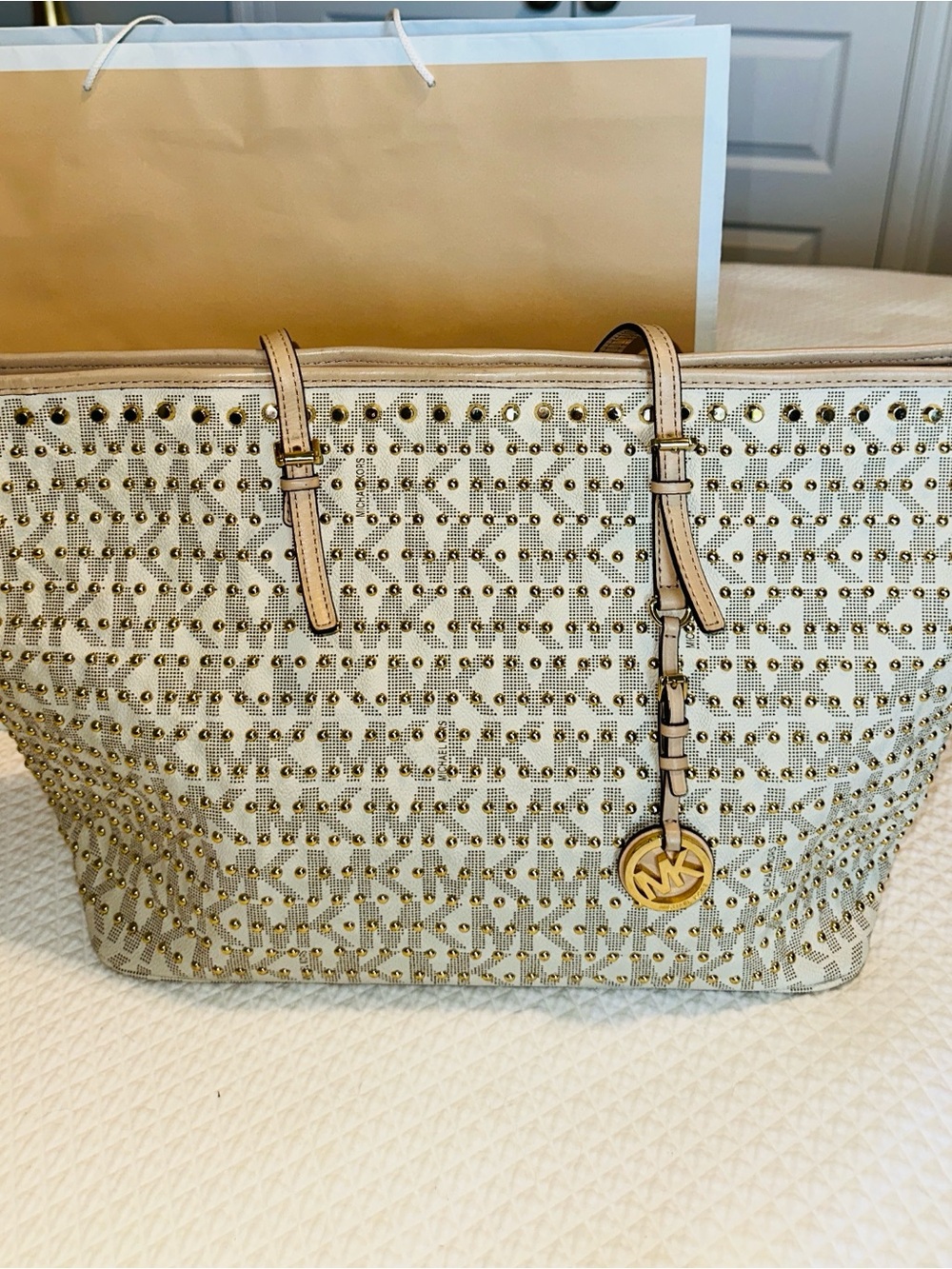 Michael Kors Beige Tote with Gold Stud Details